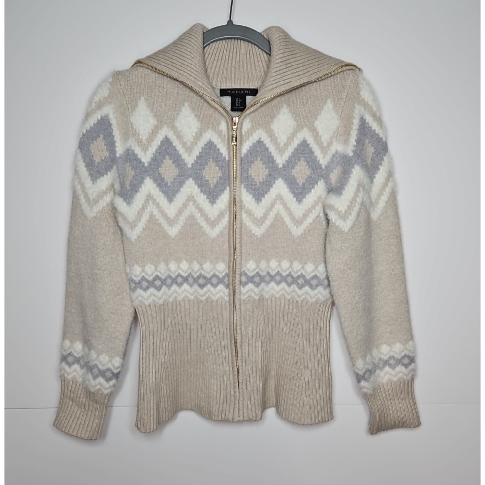 Tahari Womens Tan Fair Isle Collared  Full Zip Knit‎ Cardigan Jacket Size Small - Picture 3 of 8